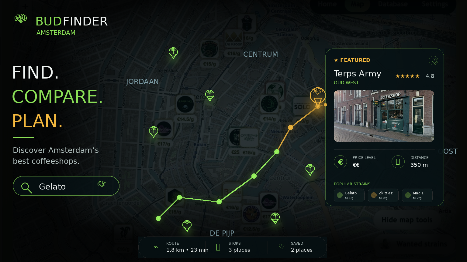 Budfinder map showing Amsterdam coffeeshop results and a walking route.
